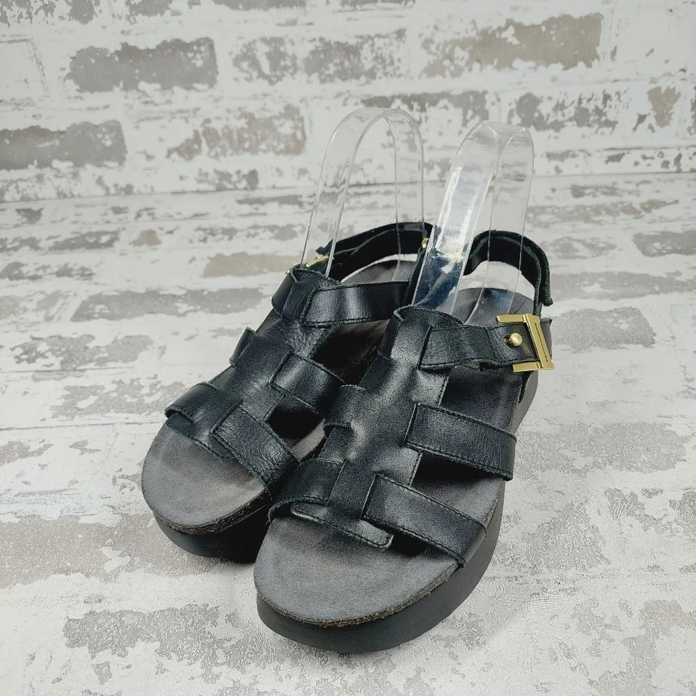 New Munro Flynn Black Leather Strappy Platform Wedge Sandal D816